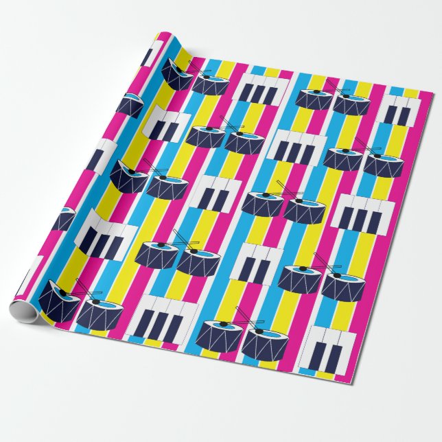 Musical Drums Piano Keys Colourful Stripes Music Wrapping Paper (Unrolled)