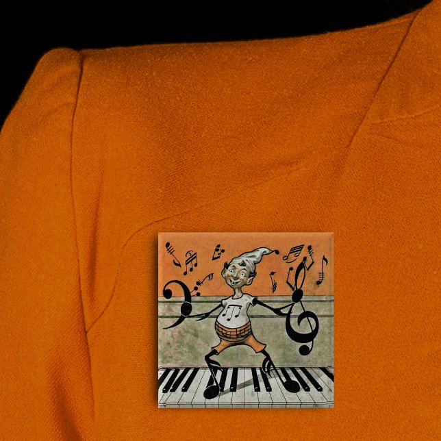Musical Elf Note on Piano Button (Musical Elf music note arms legs on piano keys on orange square pin back button.)