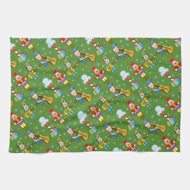 Musical Elves Christmas Kitchen Towel (Horizontal)