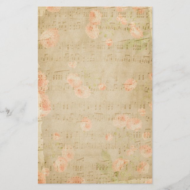  Musical Floral Notes Flowers Peach Beige Stationery (Front)