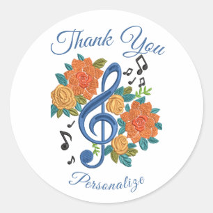 Musical Floral Thank You Personalised Design Classic Round Sticker