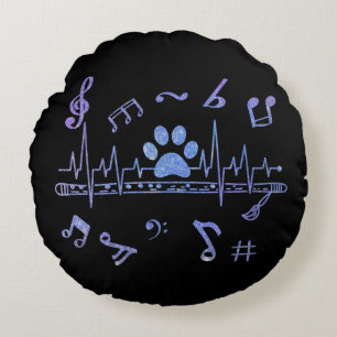 Musical Flute with Paw Prints Round Cushion