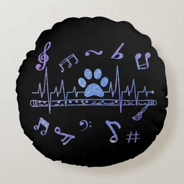 Musical Flute with Paw Prints Round Cushion (Front)