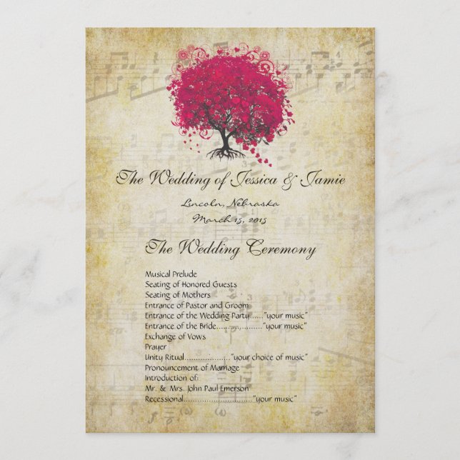Musical Fuchsia Heart Leaf Tree Wedding Program Programme (Front)
