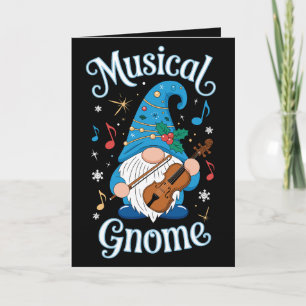Musical Gnome Christmas Violin Holly Snowflakes Card