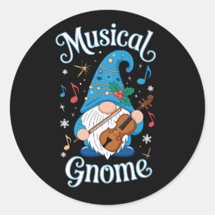 Musical Gnome Christmas Violin Holly Snowflakes Classic Round Sticker