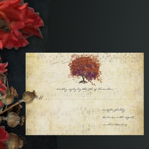 Musical Gold Coral Plum Heart Leaf Tree Wedding RSVP Card