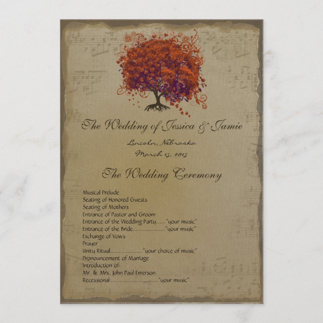 Musical Gold Dark Coral Heart Tree Wedding Program Programme (Front)