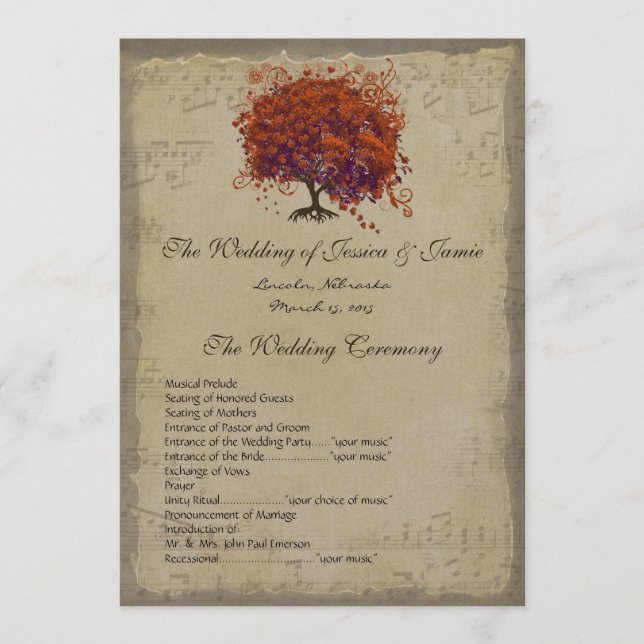 Musical Gold Dark Coral Heart Tree Wedding Program Programme (Front)
