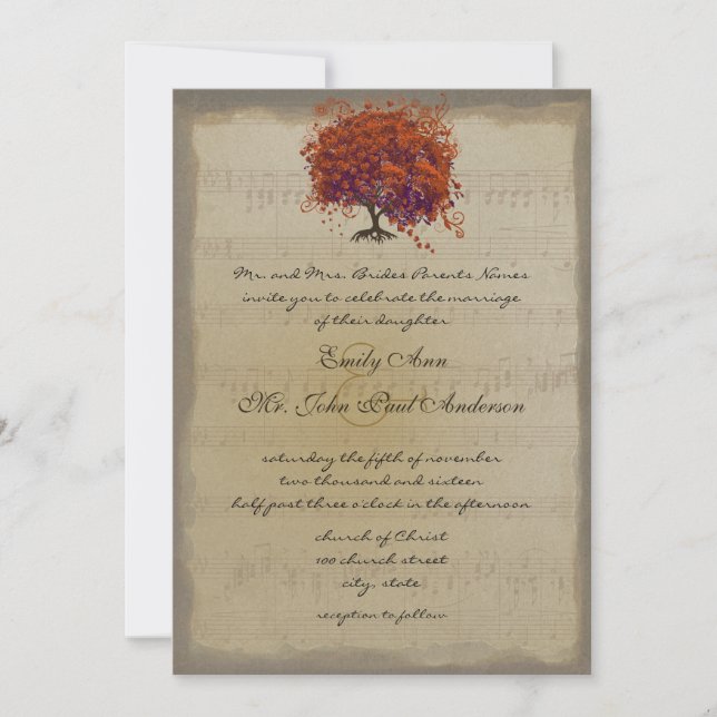 Musical Gold Orange Plum Heart Leaf Tree Weddings Invitation (Front)