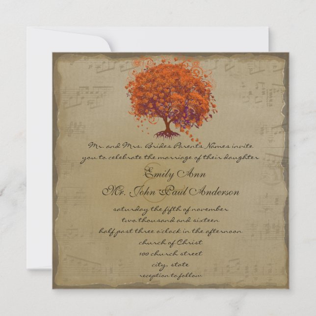 Musical Gold Orange Plum Heart Leaf Tree Weddings Invitation (Front)