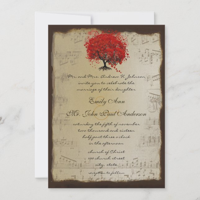 Musical Gold Orange Plum Heart Leaf Tree Weddings Invitation (Front)