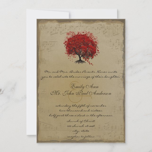 Musical Gold Red Heart Leaf Tree Wedding Invite (Front)