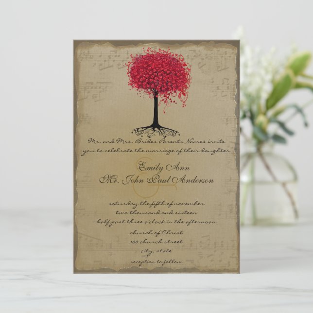 Musical Gold Red Heart Leaf Tree Wedding Invite (Standing Front)