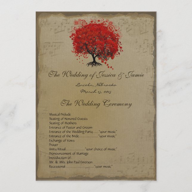 Musical GoldRed Heart Tree Wedding Program Programme (Front)