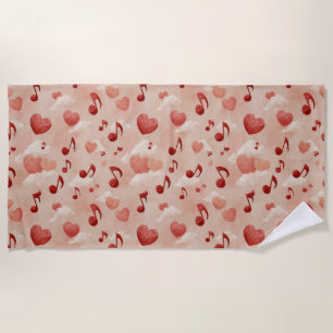 Musical Hearts and Clouds Valentines Pattern Beach Towel