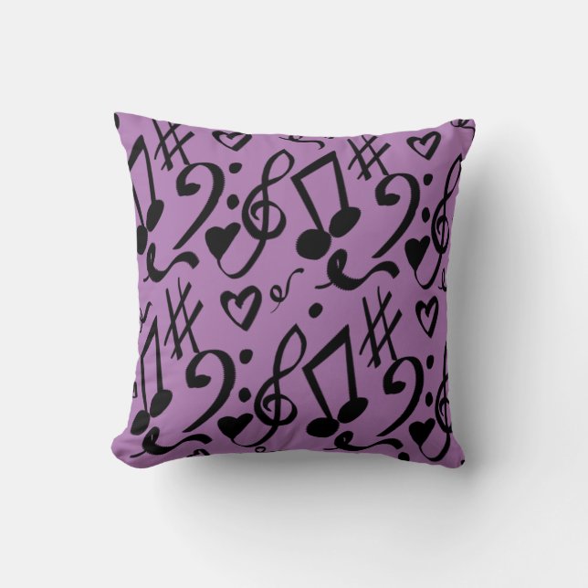 Musical Hearts and Script Doodles Purple Cushion (Front)