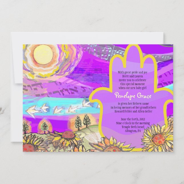 Musical Hemsa Baby Naming Invitation Hebrew (Front)