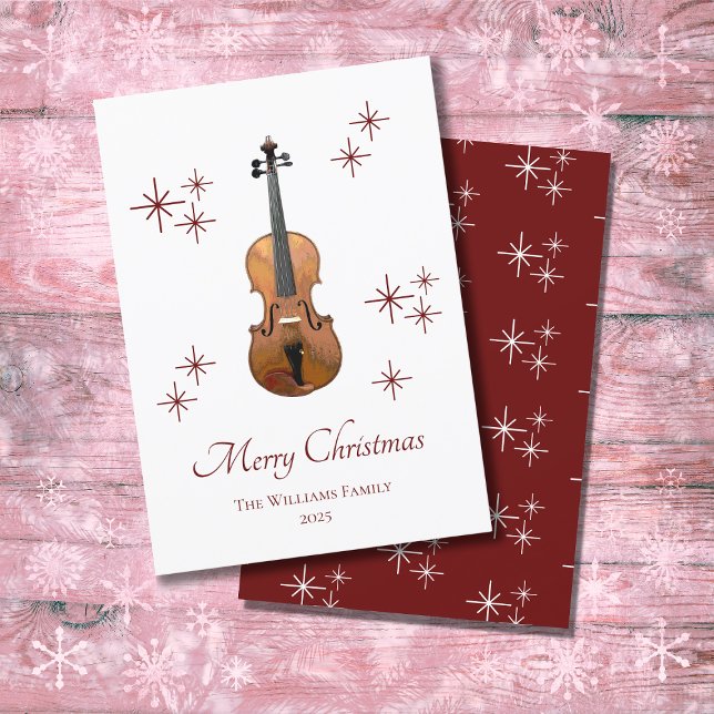 Musical Instrument Violin Red Snowflakes Christmas Holiday Card (Creator Uploaded)