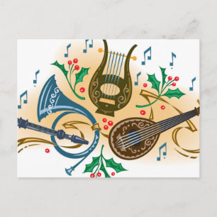 Musical instruments and holly postcard