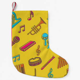 Musical instruments background. musical notes.  small christmas stocking