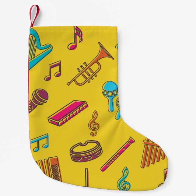 Musical instruments background. musical notes.  small christmas stocking (Front)