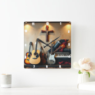Musical Instruments Cross Shadow Electric Guitars Square Wall Clock