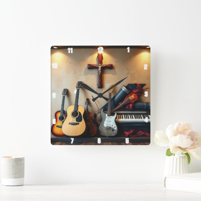 Musical Instruments Cross Shadow Electric Guitars Square Wall Clock (Home)