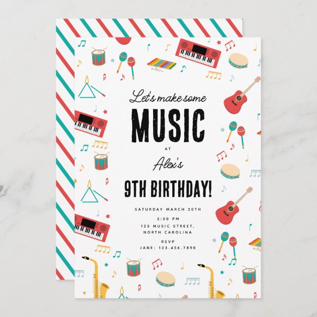 Musical Instruments Music Theme Birthday Party Invitation (Front/Back)
