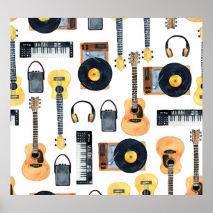 Musical Instruments: Seamless Watercolor Poster