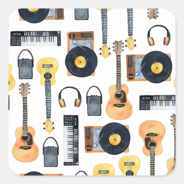 Musical Instruments: Seamless Watercolor Square Sticker (Front)