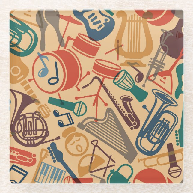 Musical Instruments Vintage Seamless Background Glass Coaster (Front)
