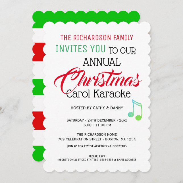 Musical Note Christmas Carol Karaoke Invitation (Front/Back)