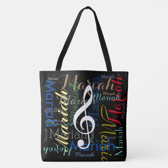 musical note & colourful names, black tote bag (Front)