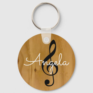 musical note on wood with name key ring