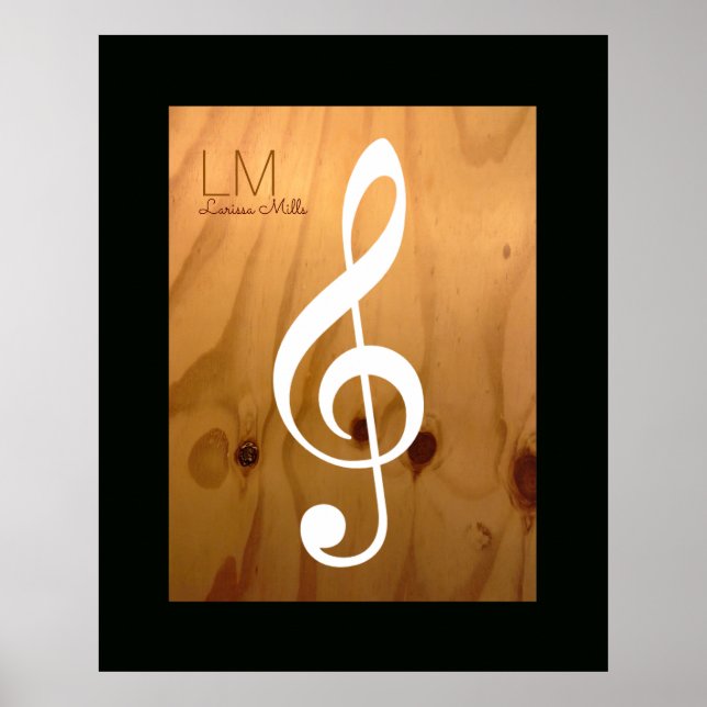 musical note, treble clef on wood, personalised poster (Front)