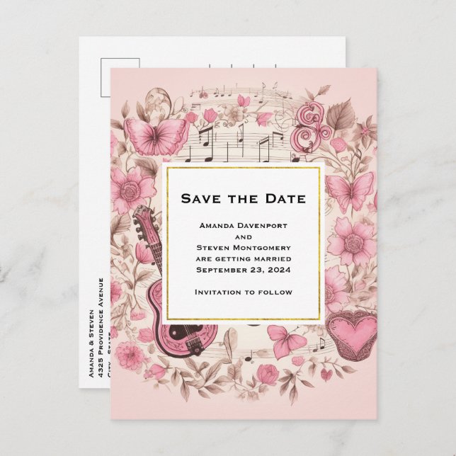 Musical Notes and Flowers Vintage Save the Date (Front/Back)