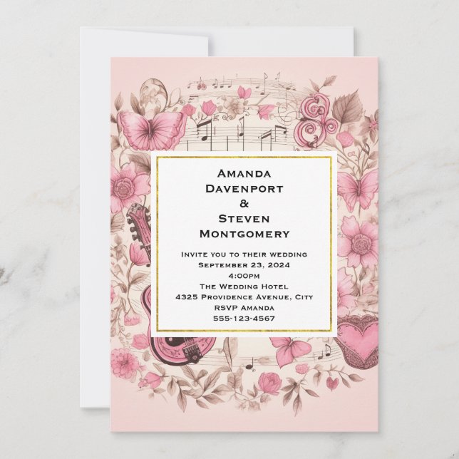 Musical Notes and Flowers Vintage Style Wedding Invitation (Front)
