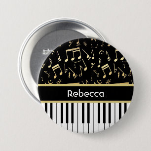 Musical Notes and Piano Keys Black and Gold 7.5 Cm Round Badge