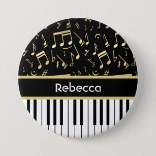 Musical Notes and Piano Keys Black and Gold 7.5 Cm Round Badge