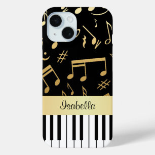 Musical Notes and Piano Keys Black and Gold iPhone 15 Case