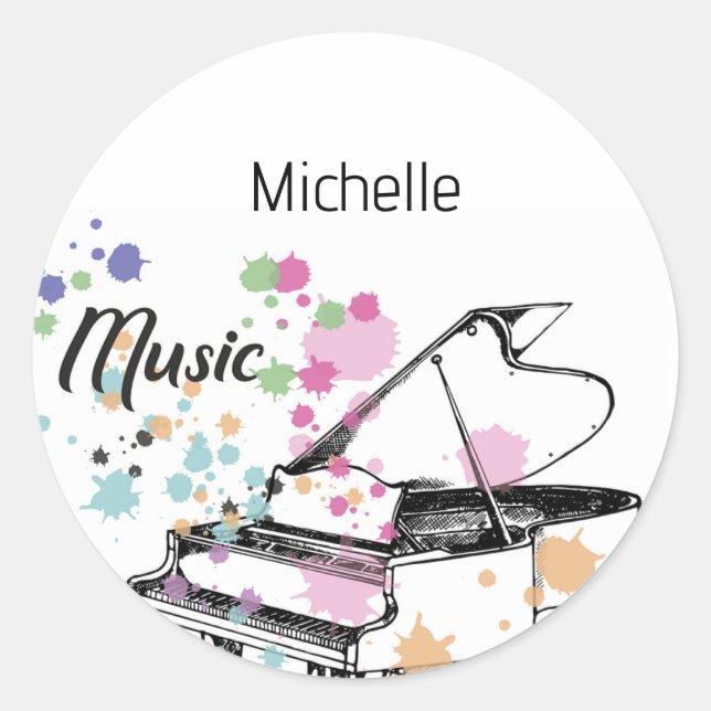 Musical Notes and Piano Keys Black and Gold Classic Round Sticker (Front)