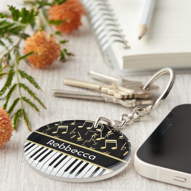 Musical Notes and Piano Keys Black and Gold Key Ring (Front Right)