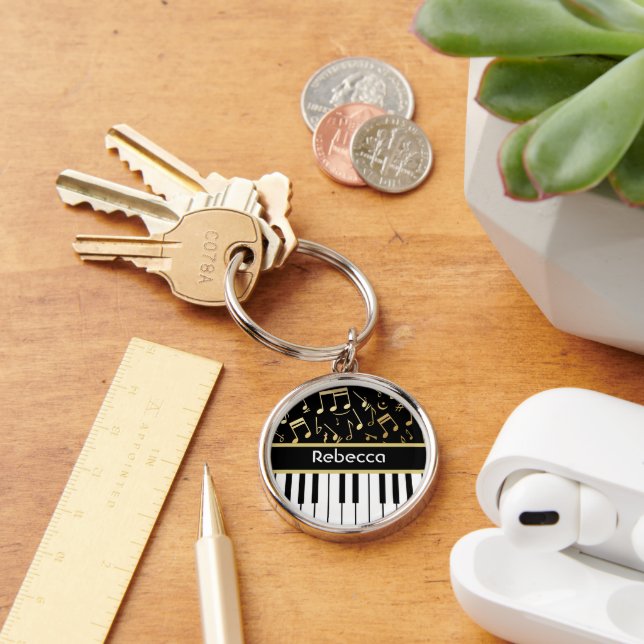 Musical Notes and Piano Keys Black and Gold Key Ring (Desk)
