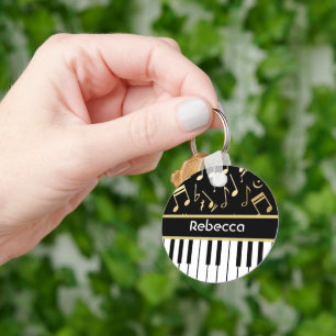 Musical Notes and Piano Keys Black and Gold Key Ring