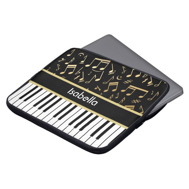 Musical Notes and Piano Keys Black and Gold Laptop Sleeve (Front Top)