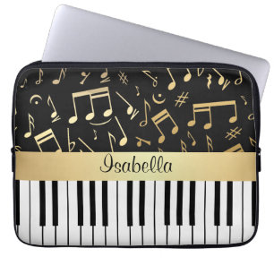 Musical Notes and Piano Keys Black and Gold Laptop Sleeve