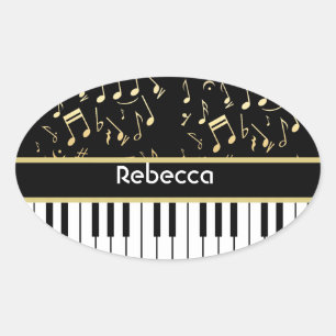 Musical Notes and Piano Keys Black and Gold Oval Sticker
