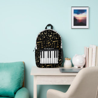 Musical Notes and Piano Keys Black and Gold Printed Backpack