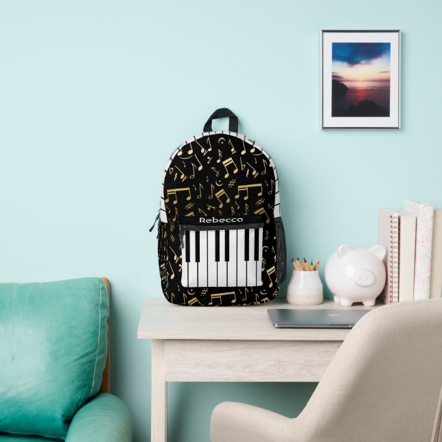 Musical Notes and Piano Keys Black and Gold Printed Backpack (Insitu)